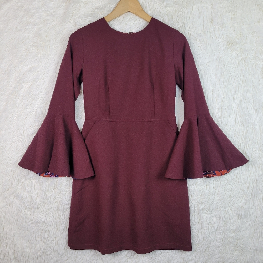 Sister Jane Burgundy Bell Sleeve Mini Dress with Paisley Lining Maroon Pockets